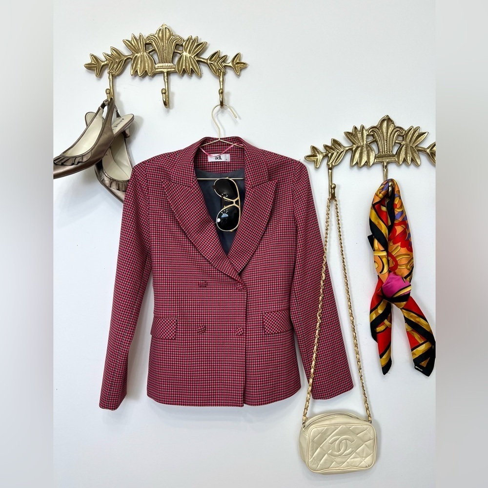 🌺 Women's Red Houndstooth Double-Breasted Blazer S ptp 19” l 36”